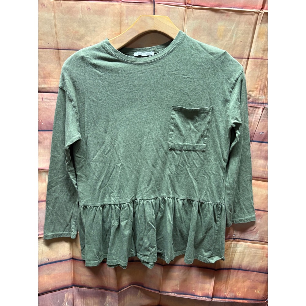 Zara Trafaluc Green LS Peplum Shirt with Ruffled Hem and Front Pocket Size S